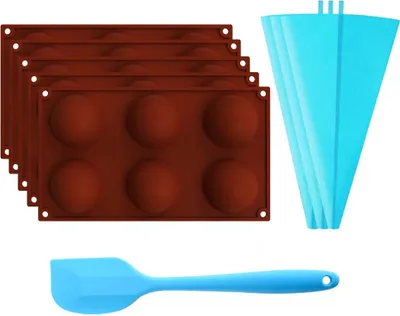 Obrázek produktu pro 9PCS Sada příslušenství pro výrobu čokolády, 5 ks 6 dutin Střední polokoule Silikonová forma / Horká čokoládová bomba a kakaová bomba Kuličková forma, 3PCS Silikonový sáček, 1PCS Silikonová škrabka