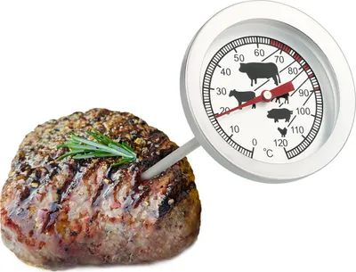 A cooked piece of meat with a thermometer inserted, next to a meat thermometer.