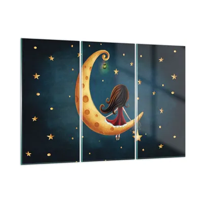 Produktbild von Bilder auf glas - 3 Teile - Kinder Mädchen Mond - 105x70cm - Glasbilder - Wandbilder - Bilder - zum Aufhängen bereit - Wanddekoration aus Glas - Glas Bilder - Wandbild auf Glas - GCE105x70-4683