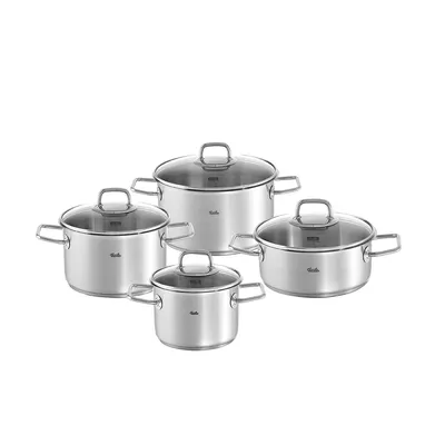 A set of four stainless steel pots with glass lids, arranged on a white background.