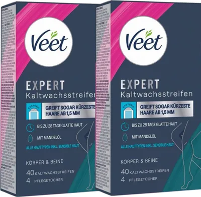 Produktbild von 2 x Veet Expert je 40 Wachs-Streifen für Körper & Beine alle Hauttypen langanhaltende Haarentfernung