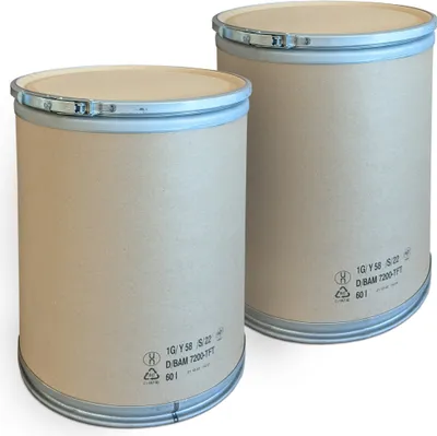Produktbild von plasteo Das ÖKOFASS 2x 60 Liter Fass Tonne Fibertrommel Deckelfass Papptrommel Container zur Aufbewahrung von Lebensmitteln BPA-Frei | Lebensmittelzulassung Gefahrgutzulassung komplett recycelbar