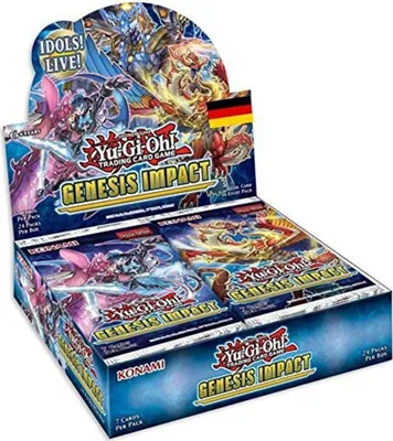 A display box of Yu-Gi-Oh! 'Genesis Impact' trading card game booster packs.