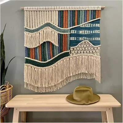 Imagen del producto de Juego de adornos de pared de macramé, decoración de pared de algodón de macramé, tapiz, arte de pared de macramé tejido, ideal para sala de estar, dormitorio o apartamento (80 cm x 90 cm)