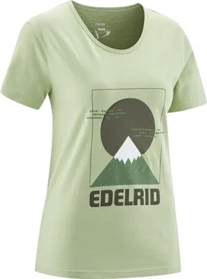 Helles grünes Highball T-Shirt von Edelrid mit Berg- und Sonnenmotiv.
