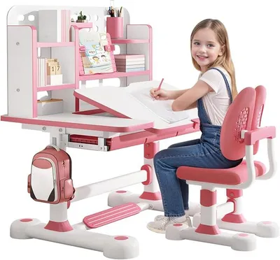 Imagen del producto de Juego de escritorio y silla para niños de 3 a 12 años, juego de escritorio infantil con altura ajustable, que incluye estantería y cajón, con escritorio inclinable hasta 50 grados, ideal para dormitorios infantiles y oficinas (rosa)