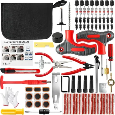 Immagine prodotto di Kit di riparazione pneumatici, universale, da 101 pezzi, per auto e biciclette