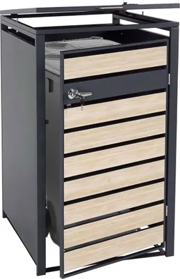 Produktbild von XL 1er/2er-Mülltonnenverkleidung MCW-J81, Mülltonnenbox, Metall 36kg anthrazit Buche-Holzoptik hellbraun
