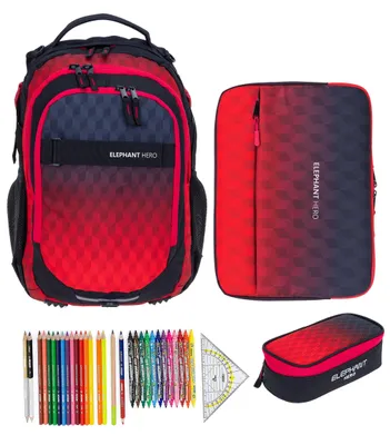 Produktbild von Schulrucksack Elephant Hero Signature 4 Teile Set Rucksack Schultasche Jungen + Mäppchen Box + Laptophülle + 31 tlg. Stifte 12868 Red Cube Rot +rmlv