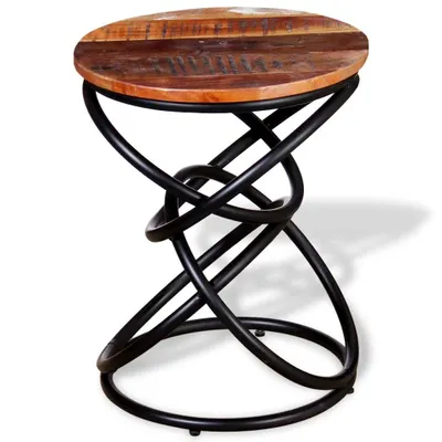 A round wooden table with a black, twisted metal base, shown on a white background.
