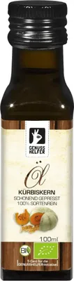 Produktbild von Kürbiskernöl , kaltgepresst, aus gerösteten Kürbiskernen gepresst, zum Kochen und für Salatdressings, 100ml