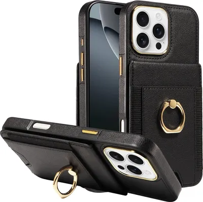 Produktbild von Handyhülle für iPhone14/15/16pro max mit Ringhalter, Kartenfächern, RFID-Schutz, Kunstleder, 360° Ständer, Schwarz