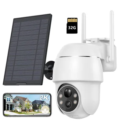 Image de 2K Solar caméra de surveillance extérieure 355 ° / 90 ° pivotant caméra extérieure batterie vision nocturne couleur de détection de personne / mouvement sans fil WLAN caméra IP avec 32G