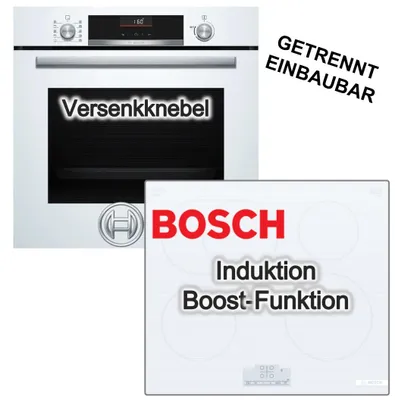 Produktbild von Bosch Herdset weiß Einbaubackofen 3D-Heißluft AirFry EcoClean + Induktionskochfeld Booster RoasterZone Touch