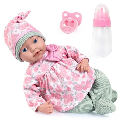 Produktbild von Bayer Design 93827AM Reborn Babypuppe, 38 cm, realistisch, lebensecht, mit Flasche, Schnuller - Geschenk für Mädchen und Jungen, Rosa, Grün