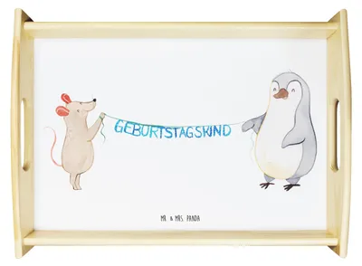 Produktbild von Mr. & Mrs. Panda Tablett Maus Pinguin Geburtstag - Weiß - Geschenk, Serviertablett, für bett, Holztablett, Happy Birthday, sofatablett, Herzlichen Glückwunsch, Snack