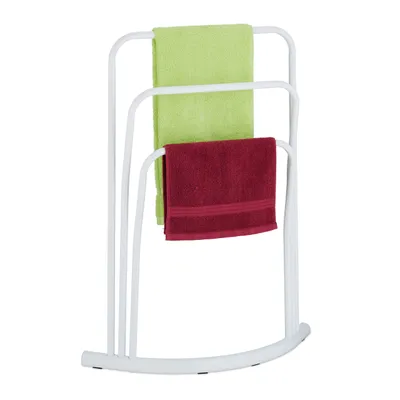 Image de Porte-serviettes sur pied Relaxdays, en métal, 3 barres, H x l x P : 86 x 66 x 21 cm, porte-serviettes de salle de bains, de forme semi-circulaire, blanc
