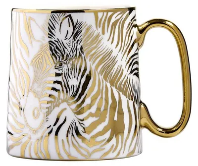 Produktbild von Porzellan Tasse mit Zebramotiv, 45 cl Fassungsvermögen, Gold und Weiß, 100 mm Höhe