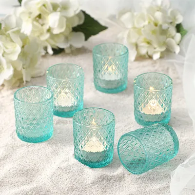 Productafbeelding van Vintage theelichthouder met diamantpatroon, blauw