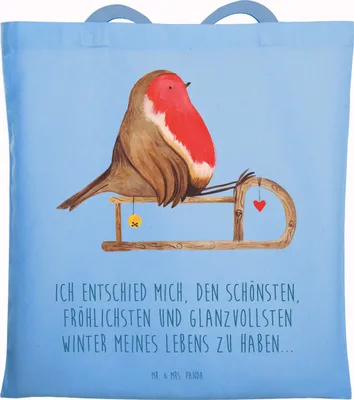 Produktbild von Mr. & Mrs. Panda Beutel Rotkehlchen Schlitten - Sky Blue - Geschenk, Tote Bag, Vogel, totebag, Weihnachten, Jutebeutel, dokumententasche, Shopping Tasche