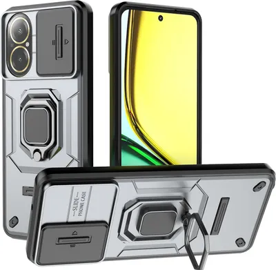 Obrázek produktu pro Pouzdro pro Realme C67 4G dvouvrstvé pouzdro s posuvnou ochranou kamery a držákem prstenu, stojánek Šedá