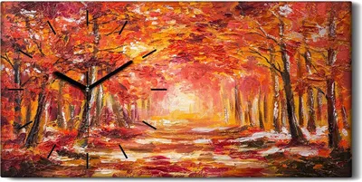 Produktbild von Dekor Leinwand Uhr Wandbilder 60x30 Malerei Wald Bäume Blätter Herbst Natur - schwarze Hände