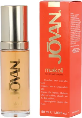 A bottle of Jovan Musk Oil Eau de Parfum Spray and its packaging are shown against a white background.