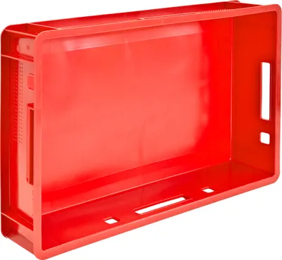 A red plastic crate is shown from an angle against a white background.