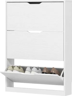 Produktbild von Schuhschrank mit 3 Klappschubladen, für bis zu 12 Paar Schuhe, Spanplatte, 80 x 17 x 108 cm, Weiß