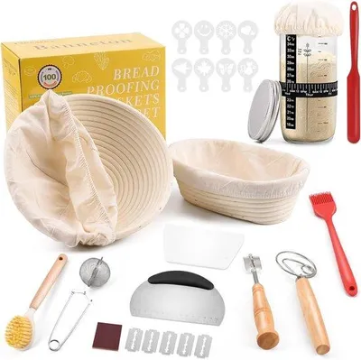 Obrázek produktu pro Sada pro přípravu kvásku – Kompletní sada pro přípravu kvásku, včetně nádoby, oválného koše na kynutí (25 cm) a kulatého koše na kynutí (23 cm), 12 kusů příslušenství pro pečení chleba