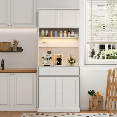 Imagen del producto de Armario alto de cocina con iluminación LED, enchufe y puerto USB, de 72x40x180 cm, armario de cocina blanco de MDF con cajón, ideal para cocina y comedor