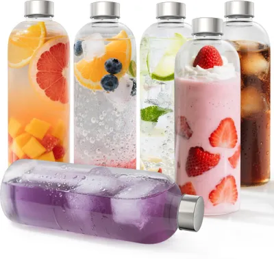 Immagine prodotto di Set di 6 bottiglie in vetro con coperchio, capacità 1000 ml. Bottiglie in vetro borosilicato per bevande, bottiglie in vetro ermetiche per acqua e succhi, inclusa una spazzola per la pulizia