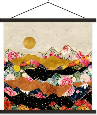 Produktbild von MuchoWow® Textilposter Gold - Blumen - Druck - Abstrakt - Landschaft - Muster 120x120 cm mit schwarzem Rahmen - Aufhängungsset