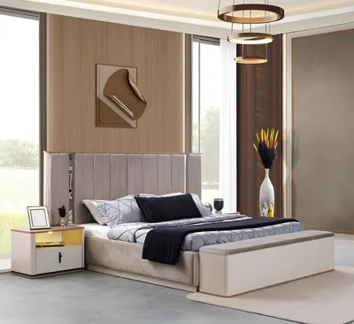 Image de Ensemble de chambre à coucher moderne 3 pièces comprenant un lit et 2 tables de chevet élégantes
