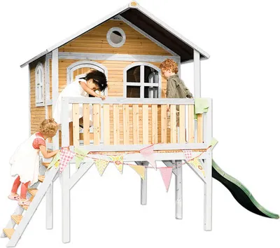 Immagine prodotto di AXI Sophie Casa Bambini con pavimento e scivolo grigio | Casetta da gioco per giardino / esterno in marrone e bianca in legno  | Parco giochi per bambini