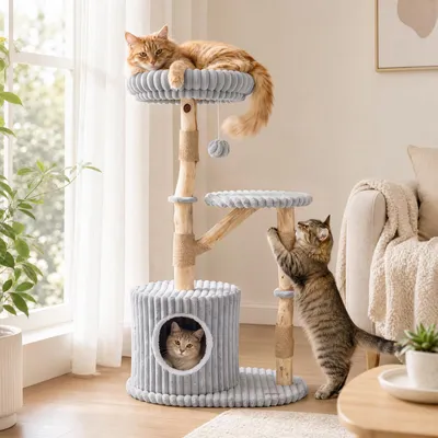 Produktbild von COSTWAY Katzenkratzbaum aus Naturholz mit Katzenhöhle 105 cm, Kratzbaum mit Jute Kratzsäulen, abnehmbarem Kissen, Spielball & Kletterbaum, für Katzen