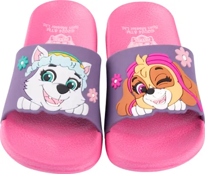 A pair of pink Paw Patrol themed slides for girls, featuring characters Skye and Everest.