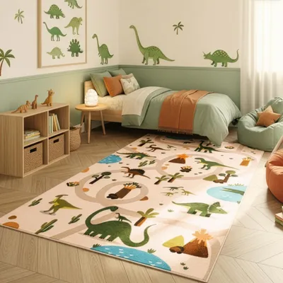 Produktbild von SIMPEX Kinderteppich Dinosaurier Spielteppich für Kinderzimmer Dinomotiv fördert Kreativität und Lernen Größe: 160x230 cm , Farbe: Beige-1