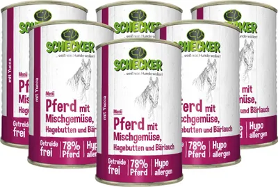 Produktbild von 6 x 410 g - Schecker Hundemenü - mit 78% Pferd mit Mischgemüse, Hagebutten und Bärlauch
