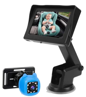 Obrázek produktu pro Autokamera pro děti, 4,3" chůvička s nočním viděním, široký úhel záběru 150°, otočné zrcátko do zadní části autosedačky s otočením o 360° pro kojence, děti a batolata