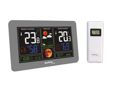 A digital weather station and its remote sensor are displayed against a white background.