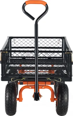 A front view of a black and orange garden wagon with four wheels and a handle.