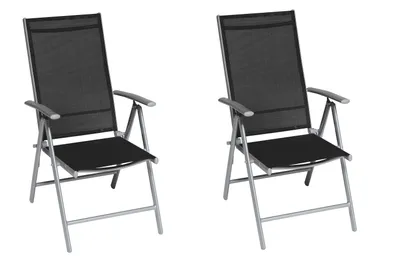 Two black folding garden chairs shown from the front.