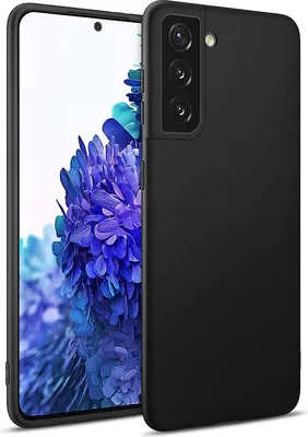 A black silicone phone case is shown next to a smartphone with a colorful wallpaper.