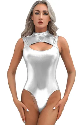 Produktbild von Damen Metallic Body Silber Gr S Bodysuit ärmellos mit Cut Out Stehkragen Glanzoptik Karneval Halloween Fasching Party Show