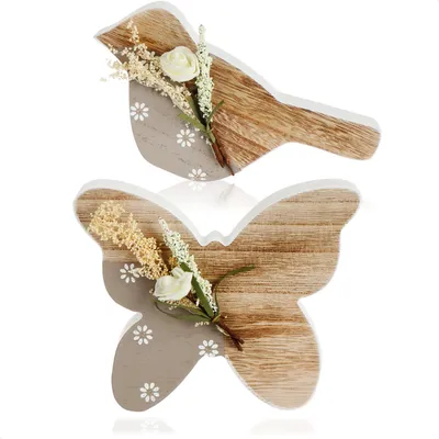 Produktbild von com-four® 2x Dekofigur aus Holz - Schmetterling und Vogel für Frühlingsdeko - Aufsteller zu Ostern, Frühling, Sommer - leichte Holz-Figuren - Osterdekoration