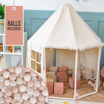 Immagine prodotto di KiddyMoon Tenda da gioco per bambini con 200 palline Pieghevole per bambini Casa per bambini a forma di padiglione Facile da montare per giocare all'interno e all'esterno, colore naturale: beige pastello/bianco/perla