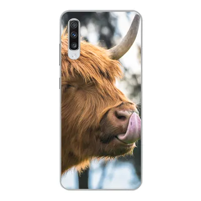 Produktbild von MuchoWow® Handyhülle Schutzhülle Hülle für Samsung Galaxy A70 Schottischer Highlander - Nase - Baum Silikon Softcase Handy Hülle - Schutzhaube