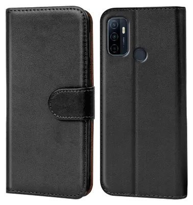 A black flip case for a smartphone is shown, with the phone inserted in the right half of the case.