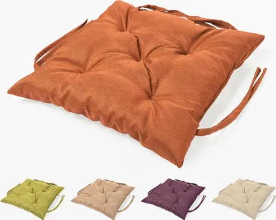 A main product shot of an orange seat cushion with smaller images of other colored seat cushions below.